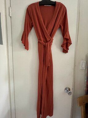 Free People FP BEACH Rust Wrap Boho Dress XS Linen Cotton